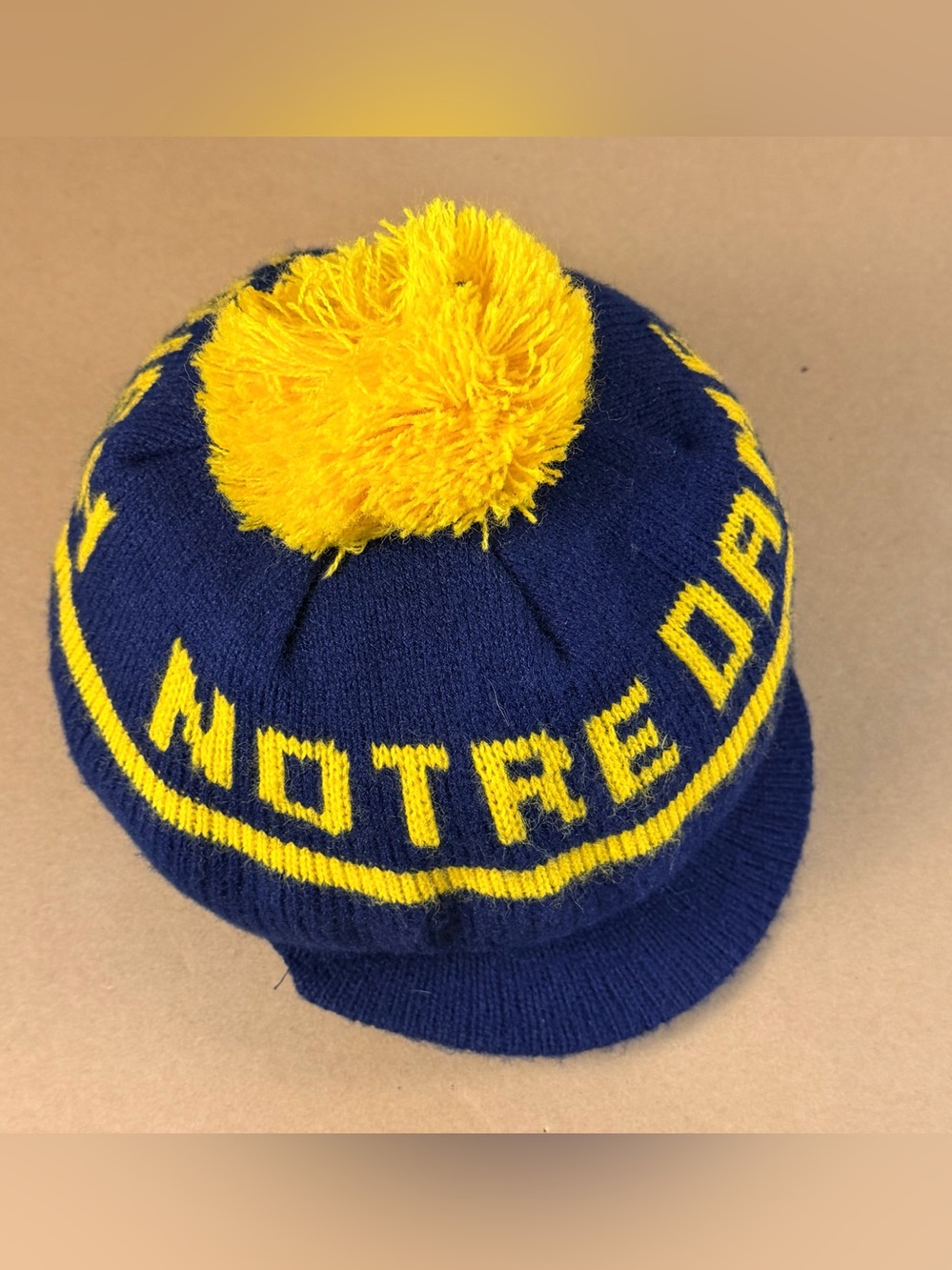 Vintage Collegiate Notre Dame Knit Beanie Cap W/ Brim & Pom Pom